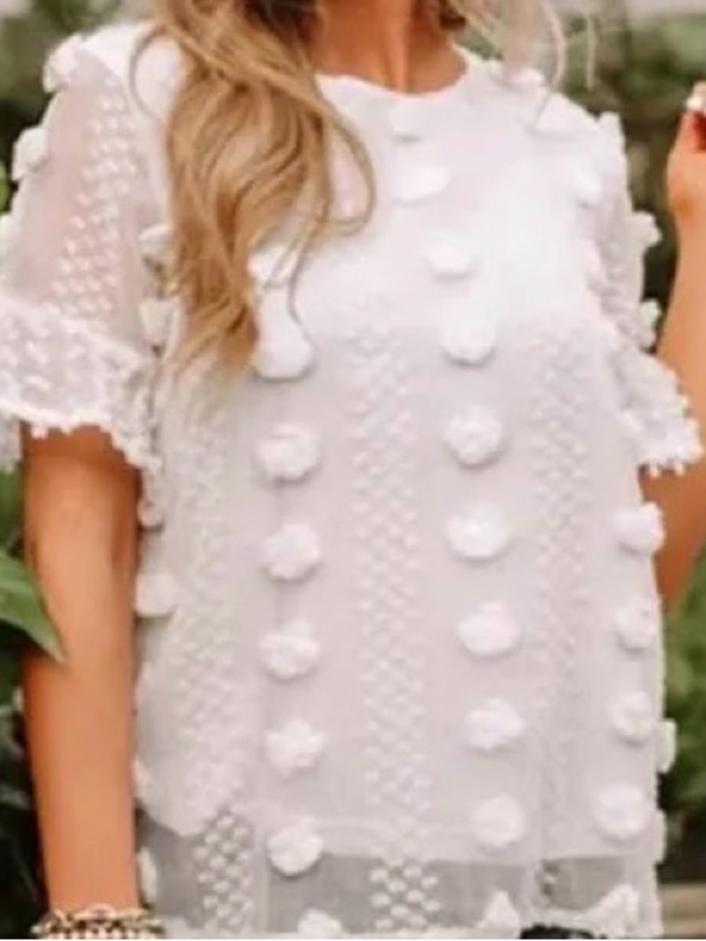 entro White Pom-Pom Short Sleeve Textured Top
